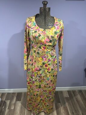 Floral Scoop-Neck Maxi Dress in Yellow and Pink